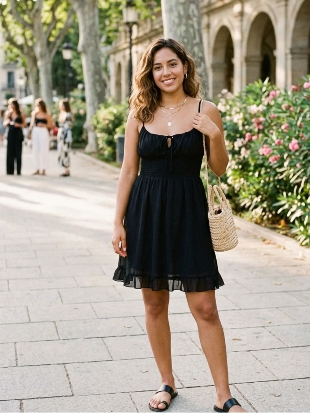 Aritzia Wilfred Black Smocked Mini Dress with Ruffle Hem Size M